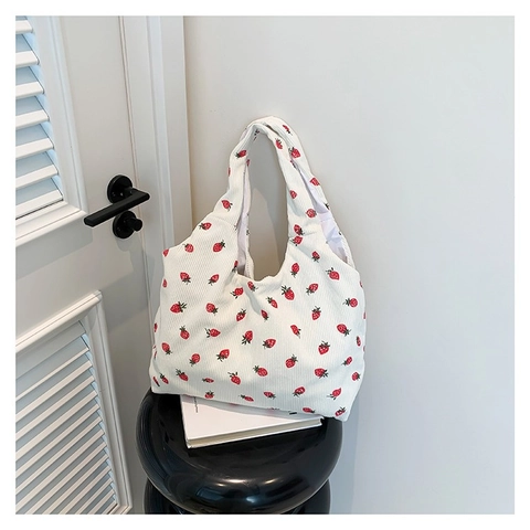 Women Casual Corduroy Tote Bag Strawberry Tulip Rainbow Print Large Capacity Lightweight Shoulder Bag For Shopping Daily