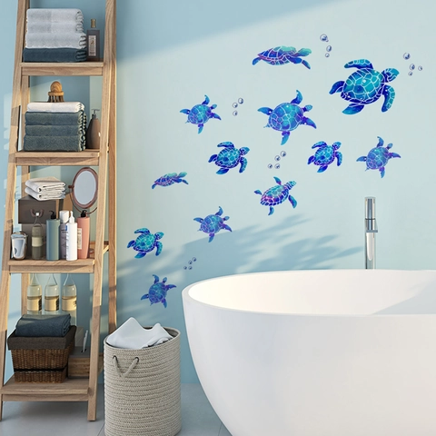 Adesivi Murali Tartaruga Marina Acquerello PVC Impermeabile Bagno Decalcomanie Animali Marini Bolle Per Soggiorno Bagno