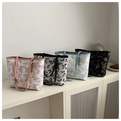 Butterfly Embroidery Women Tote Bag Large Capacity PU Leather Jacquard Shoulder Handbag Casual Elegant