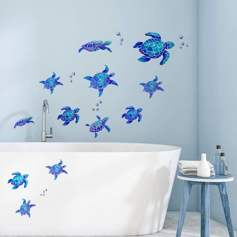 Adesivi Murali Tartaruga Marina Acquerello PVC Impermeabile Bagno Decalcomanie Animali Marini Bolle Per Soggiorno Bagno