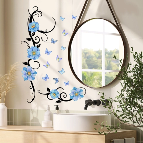 Blaue Blume Schmetterling Ranke Wandaufkleber PVC Selbstklebend Wasserdichte Wandtattoo Für Schlafzimmer Wohnzimmer Dekor