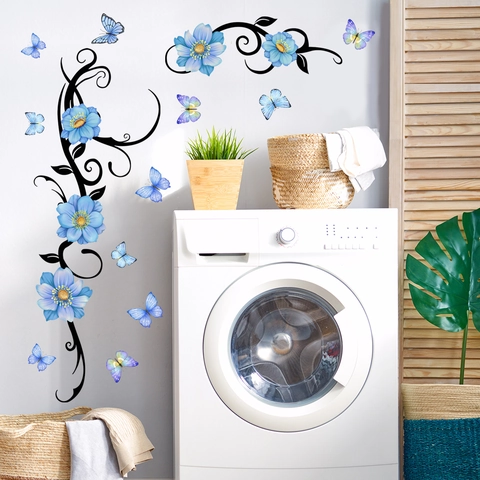 Blaue Blume Schmetterling Ranke Wandaufkleber PVC Selbstklebend Wasserdichte Wandtattoo Für Schlafzimmer Wohnzimmer Dekor