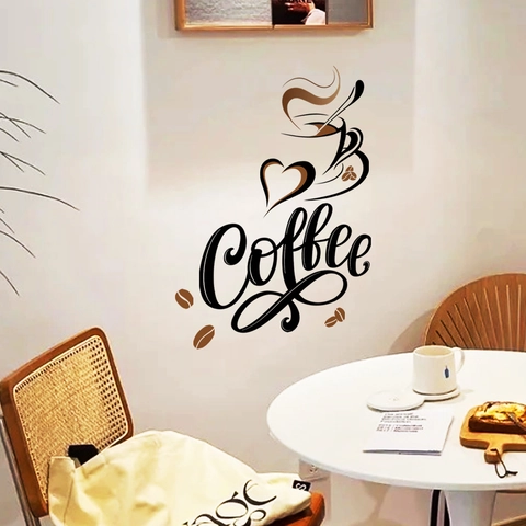 Adesivo da Parete con Scritta Coffee in PVC Autoadesivo con Tazza di Caffè e Cuore per Cucina Caffetteria Ufficio Decor