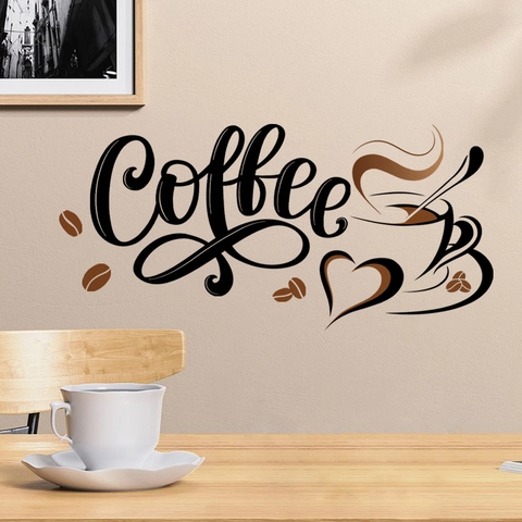 Adesivo da Parete con Scritta Coffee in PVC Autoadesivo con Tazza di Caffè e Cuore per Cucina Caffetteria Ufficio Decor