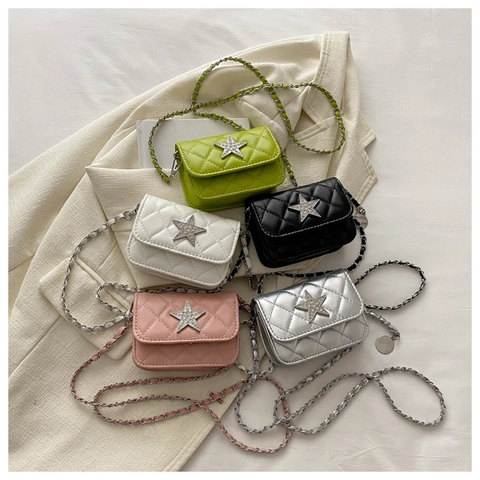Mini Square Crossbody Bag PU Leather Quilted Chain Strap Star Rhinestone Small Messenger For Women
