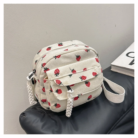 Strawberry Print Corduroy Crossbody Bag Cute Small Shoulder Bag With Adjustable Strap Casual Purse For Women