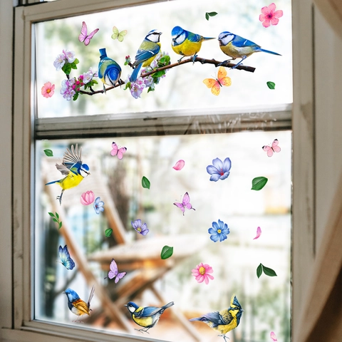 Bird Butterfly Window Wall Stickers PVC Removable Watercolor Flower Tree Branch Glass Decals For Living Room Bedroom Decor