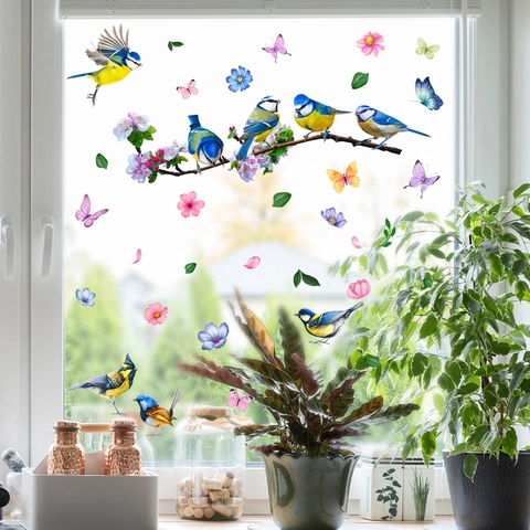 Bird Butterfly Window Wall Stickers PVC Removable Watercolor Flower Tree Branch Glass Decals For Living Room Bedroom Decor
