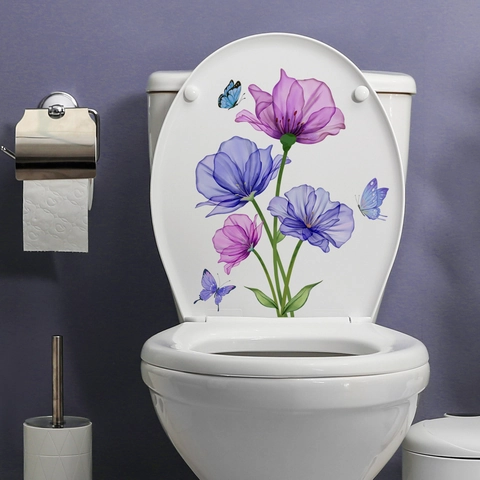 Aquarell Blumen Schmetterling Toilettendeckel Aufkleber PVC Wasserdicht Badezimmer Wandtattoo Transparent Elegant Deko