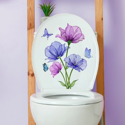 Aquarell Blumen Schmetterling Toilettendeckel Aufkleber PVC Wasserdicht Badezimmer Wandtattoo Transparent Elegant Deko