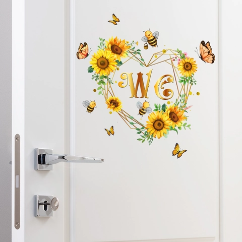 Autocollant De Porte De Toilette De Salle De Bain Forme De Coeur Tournesol Papillon PVC Auto Adhésif Décoration WC