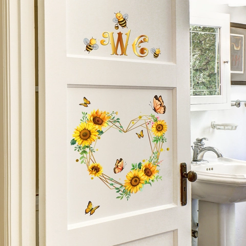 Autocollant De Porte De Toilette De Salle De Bain Forme De Coeur Tournesol Papillon PVC Auto Adhésif Décoration WC