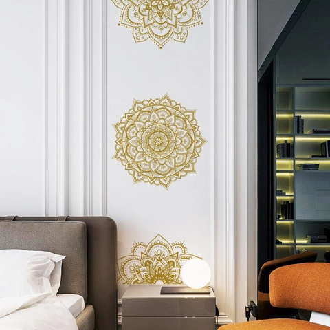 Gold Mandala Wall Stickers PVC Self Adhesive Removable Geometric Floral Decals For Living Room Bedroom Boho Home Decor