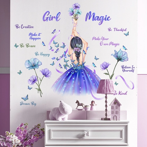 Adesivo da Parete Ragazza Galassia Viola Con Farfalla E Citazioni Ispiratrici PVC Impermeabile DIY Per Decorazione Camera