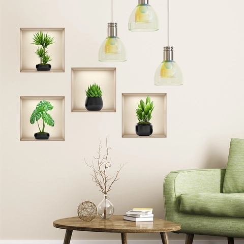 Pegatinas de Pared 3D Plantas Verdes en Maceta Modernas Minimalistas Calcomanías PVC para Sala de Estar Dormitorio