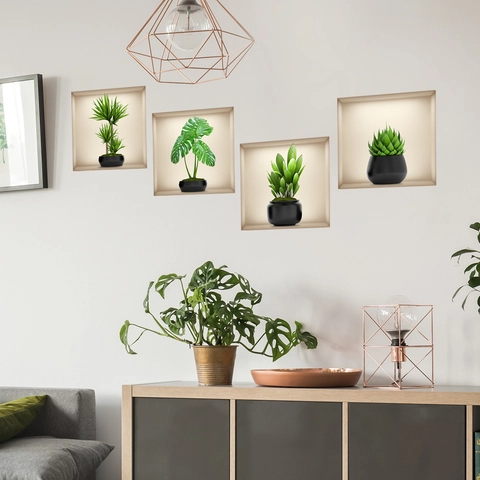 Pegatinas de Pared 3D Plantas Verdes en Maceta Modernas Minimalistas Calcomanías PVC para Sala de Estar Dormitorio