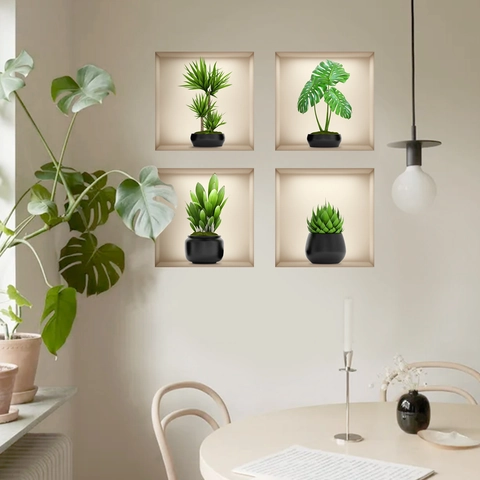 Adesivi da Parete Piante in Vaso Verdi 3D Effetto Nicchia Botanica Autoadesivi per Soggiorno Camera da Letto Decorazione Casa