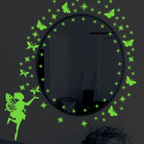 Adesivi Murali Fluorescenti Fata Stelle Farfalle PVC Decorazione Camera Bambini DIY Stile Cartone Animato