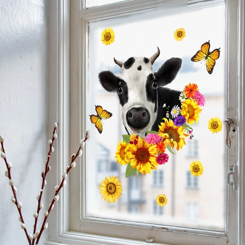 Kuh Sonnenblume Schmetterling Wandsticker PVC Statisch Haftende Fensterbilder Für Wohnzimmer Schlafzimmer DIY Dekorative Wandbilder