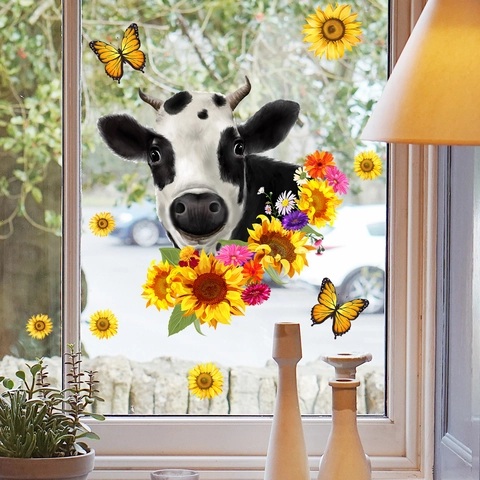 Kuh Sonnenblume Schmetterling Wandsticker PVC Statisch Haftende Fensterbilder Für Wohnzimmer Schlafzimmer DIY Dekorative Wandbilder