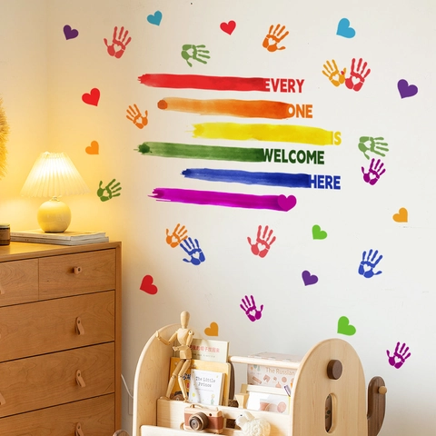 Adesivi Da Parete Arcobaleno Impronta Mano Cuore Everyone Is Welcome Here PVC Impermeabile Removibile Per Aula Cameretta Bambini