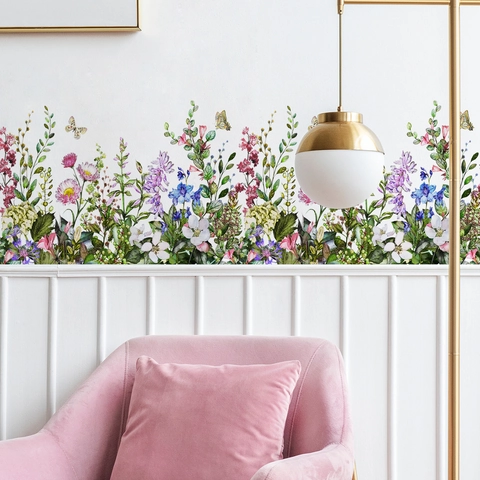 Watercolor Wildflower Butterflies Wall Stickers PVC Self Adhesive Floral Border Decal For Living Room Bedroom Home Wall Decor