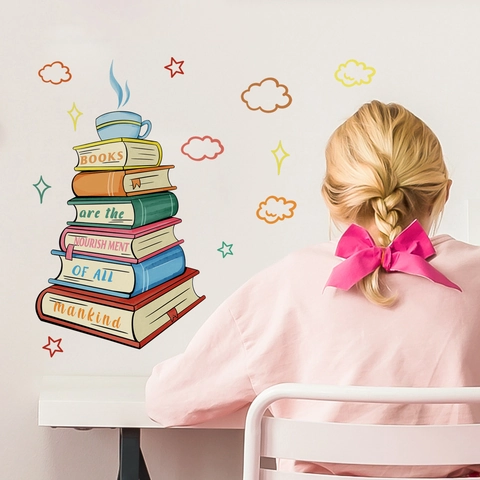Cartoon Colorful Books And Clouds Stars Wall Sticker Removable PVC Self-Adhesive Reading Quote Decal For Children Bedroom Study Room Decor