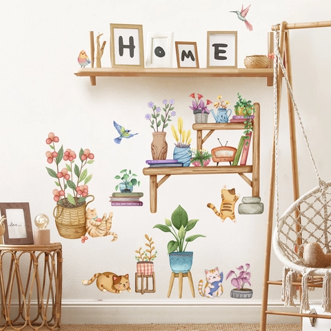 Aquarell Cartoon Katze Pflanze Blume Topf Wandaufkleber PVC Selbstklebend Dekorative Wandbild Für Wohnzimmer Schlafzimmer DIY
