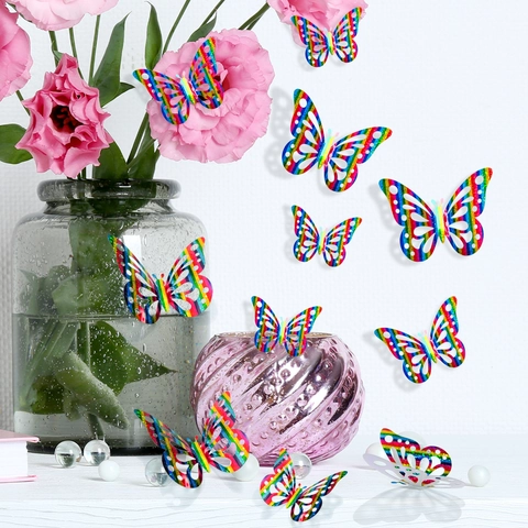 3D Hollow Butterfly Wall Stickers Laser Rainbow Gradient Glitter DIY Decals For Home Bedroom Living Room Party Decoration