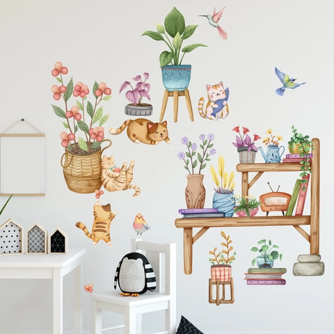 Aquarell Cartoon Katze Pflanze Blume Topf Wandaufkleber PVC Selbstklebend Dekorative Wandbild Für Wohnzimmer Schlafzimmer DIY