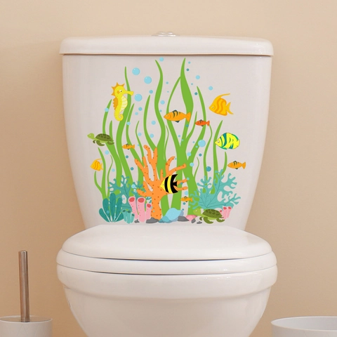 Adhesivo para Inodoro Criaturas Marinas Dibujos Animados Impermeable PVC Caballito de Mar Tortuga Pez Coral Baño Decoración