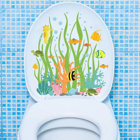 Adhesivo para Inodoro Criaturas Marinas Dibujos Animados Impermeable PVC Caballito de Mar Tortuga Pez Coral Baño Decoración