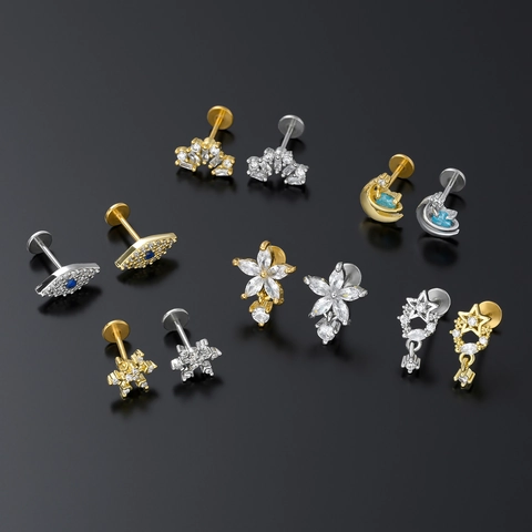 Pendientes Labret de Acero Inoxidable Cobre Zirconia Flor Ojo del Diablo Oro Plata Piercing Joyería Corporal para Mujer