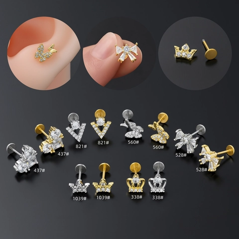 Clou de Lèvre en Cuivre avec Zircone Forme de Cœur Papillon Couronne Tige en Acier Inoxydable Bijoux de Cartilage