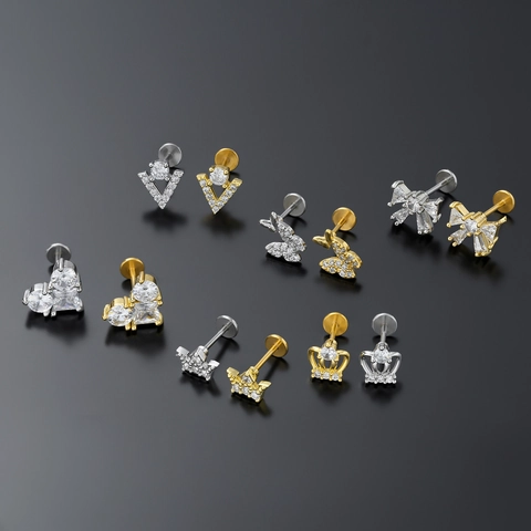 Clou de Lèvre en Cuivre avec Zircone Forme de Cœur Papillon Couronne Tige en Acier Inoxydable Bijoux de Cartilage