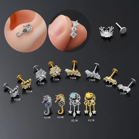 Gioielli Body Piercing in Rame Zirconia Fondo Piatto Labret Cartilagine Orecchio Cavalluccio Marino Granchio Luna Donna