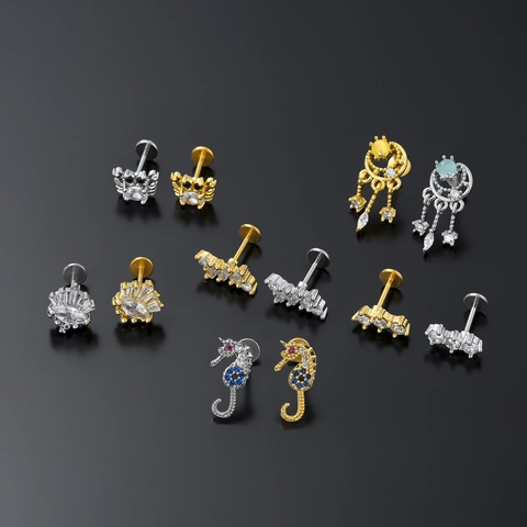 Gioielli Body Piercing in Rame Zirconia Fondo Piatto Labret Cartilagine Orecchio Cavalluccio Marino Granchio Luna Donna