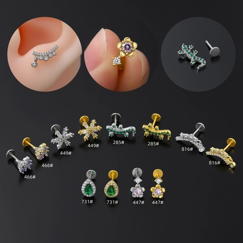 Piercing de Labio Pendientes de Botón Latón Bañado en Oro 18K Circón para Mujer Joyas de Cuerpo Geométrico Mariposa Copo Flor