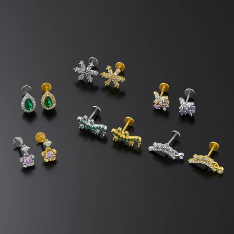 Piercing de Labio Pendientes de Botón Latón Bañado en Oro 18K Circón para Mujer Joyas de Cuerpo Geométrico Mariposa Copo Flor