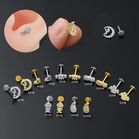 Piercing Labbro Geometrico Zirconia per Donna Rame Placcato Oro Schiena Piatta Luna Cuore Infinito Gioielli Cartilagine