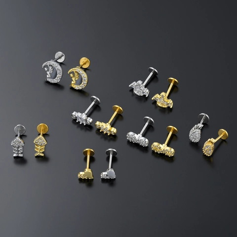 Piercing Labbro Geometrico Zirconia per Donna Rame Placcato Oro Schiena Piatta Luna Cuore Infinito Gioielli Cartilagine