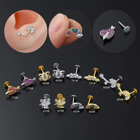 Σκουλαρίκια Χείλους Labret από Ανοξείδωτο Ατσάλι για Γυναίκες Χρυσό Ασημί Καρδιά Ουράνιο Τόξο Τίγρης Φύλλο Λουλούδι Ζιργκόν Κοσμήματα Πιρσινγκ