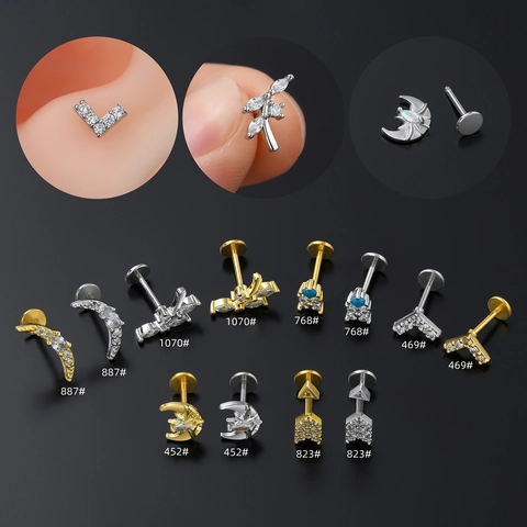 Roestvrij Staal Koper Zirkon Labret Studs Oorkraakbeen Piercing Sieraden Platte Achterkant Maan Blad V-Vorm Vrouwen