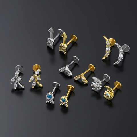 Roestvrij Staal Koper Zirkon Labret Studs Oorkraakbeen Piercing Sieraden Platte Achterkant Maan Blad V-Vorm Vrouwen