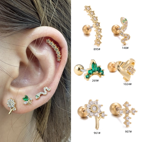 Boucles d'Oreilles Clous en Cuivre et Zircone Couronne Cœur Serpent Étoile Fleur Croix pour Femmes Or Argent Or Rose Bijoux de Piercing avec Fermoir à Vis