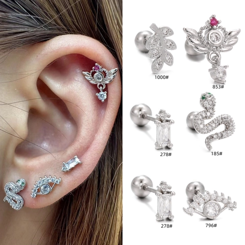 Orecchini Piercing Elica Con Zircone Rame Disegni Ala Serpente Malocchio Foglia E Perno In Acciaio Inossidabile