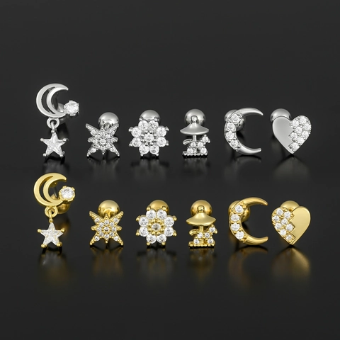 Copper Zirconia Cartilage Stud Earrings Star Moon Heart Flower Shapes Helix Piercing Jewelry With Screw Ball Back