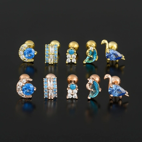 Blue Zircon Piercing Stud Earrings With Stainless Steel Earring Post Moon Flower Dinosaur Shape Ins Style Jewelry For Women