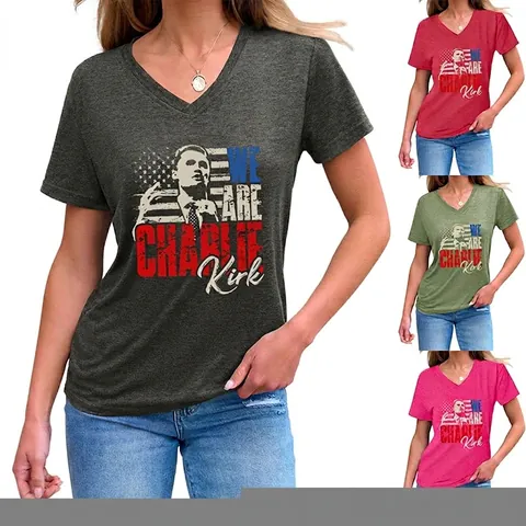 Maglietta da Donna Casual con Scollo a V a Maniche Corte Modello Bandiera Stampa Ritratto Misto Cotone Traspirante Top