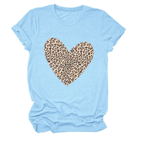 Maglietta da Donna in Misto Cotone Casual Con Stampa a Cuore Leopardato Girocollo Manica Corta Estate Top Ampio